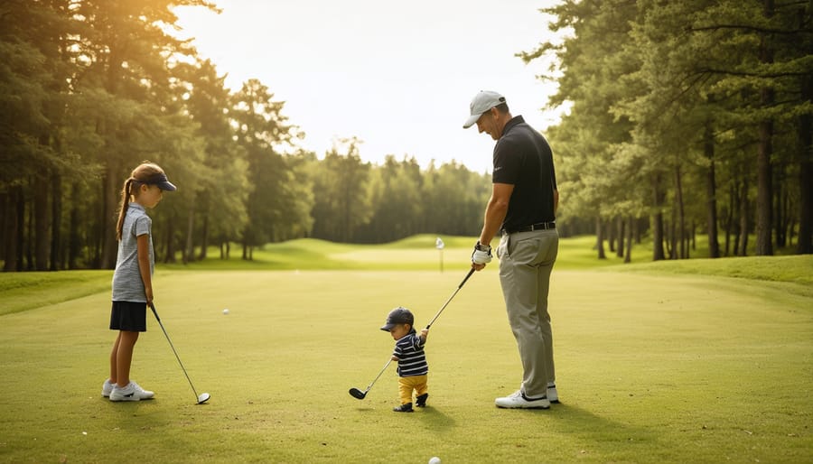 Multi-generational family walking together on golf course with clubs during golden hour