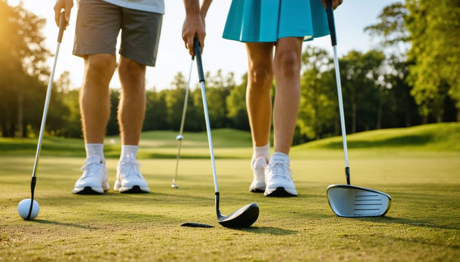 Mother teaching son golf technique on practice green at country club