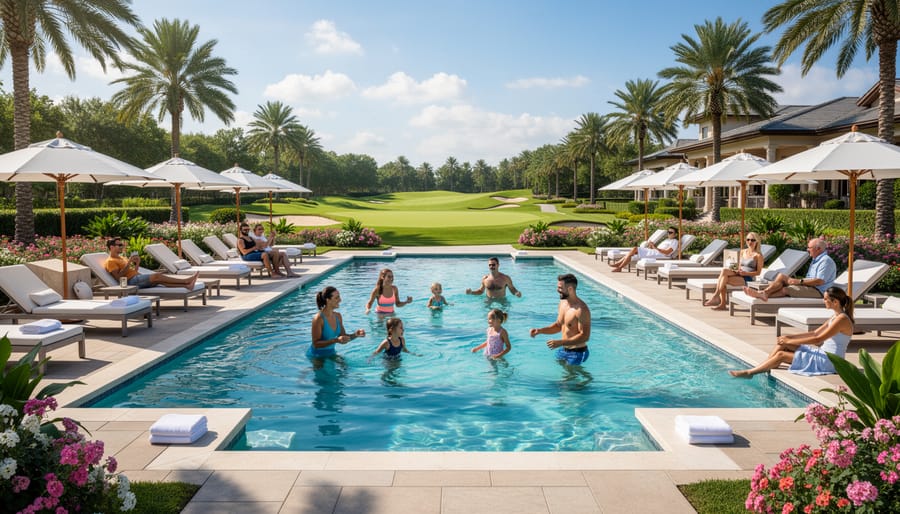 Family enjoying a sunny outdoor swimming pool near the Oakmont amenity center