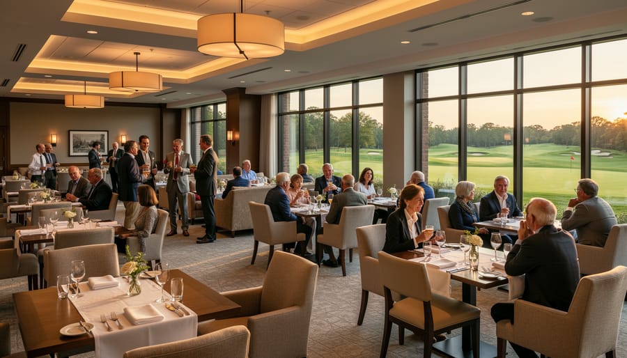 Guests enjoying the Oakmont clubhouse dining area with warm lighting and a bar in the background