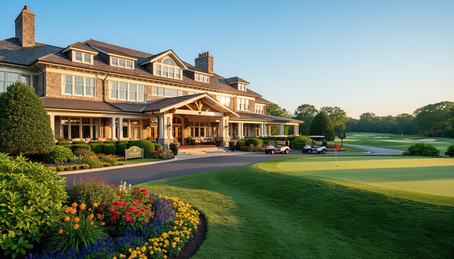 Wide view of the Oakmont clubhouse facade with veranda and landscaped grounds in warm golden hour light