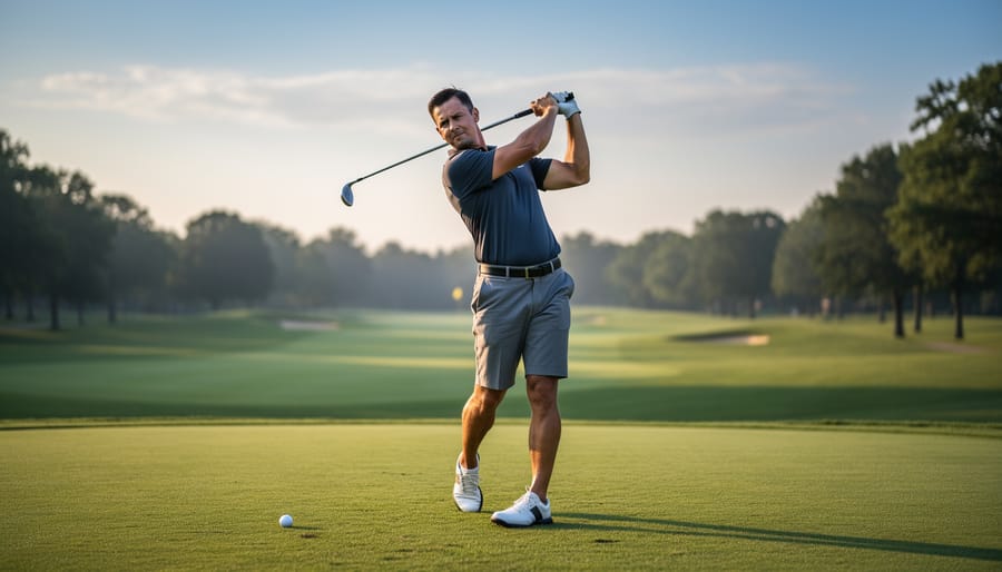 Beginner golfer practicing an easy, repeatable swing with a 7-iron on a fairway