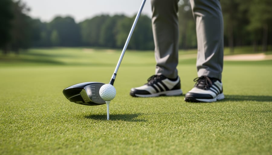 Close-up of a golf ball on a tee with a driver held in position at address