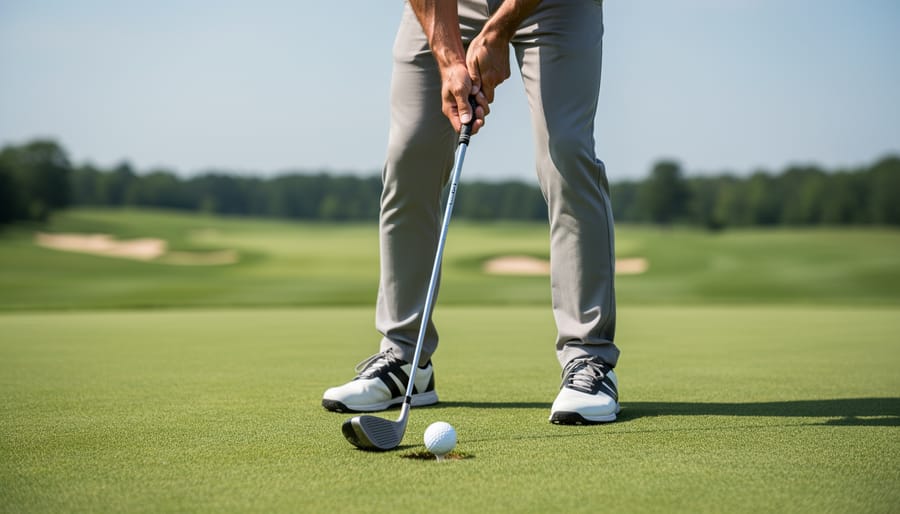 Close-up of a golfer’s grip and a teed ball showing a relaxed setup