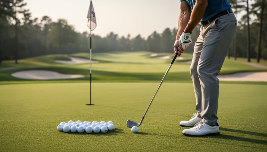 Golfer poised over a ball at a practice short-game area on a putting green.