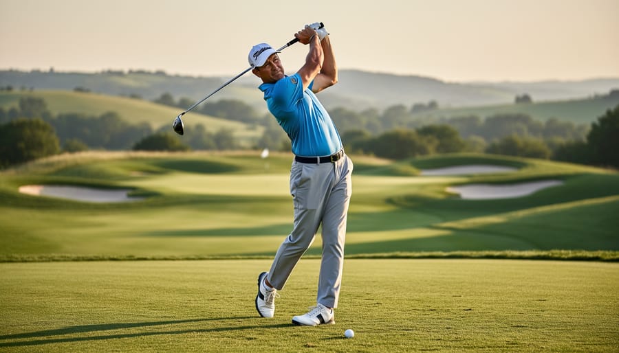 Golfer practicing weight transfer with a balanced finish on a lush fairway at The Lakes Golf Club.