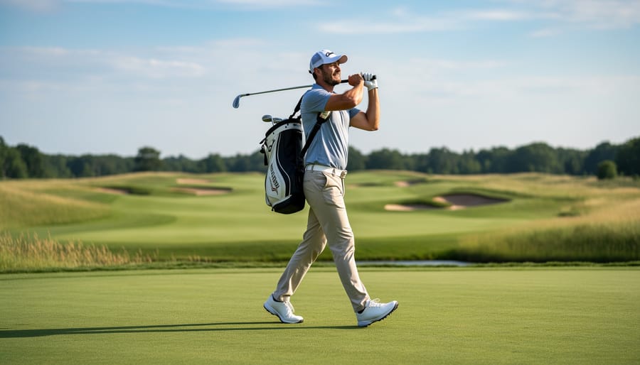 Golfer walking a scenic golf course at golden hour with clubs in hand