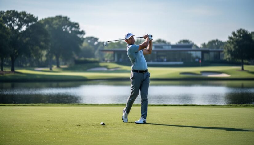 Left-handed golfer rehearsing a smooth pre-shot routine on the fairway at The Lakes golf course with water and trees blurred in the background.