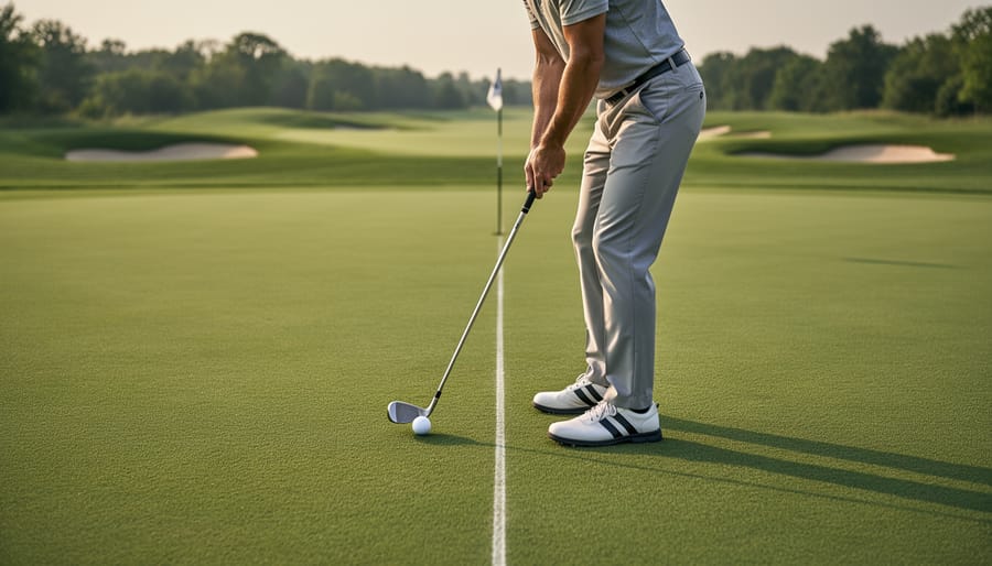 Left-handed golfer checking clubface alignment at address on a practice green