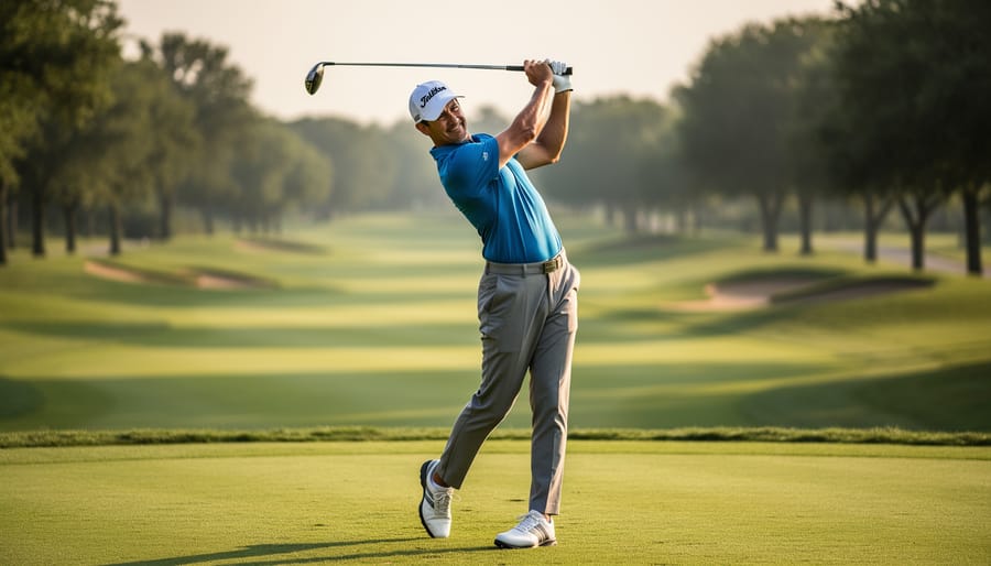 Left-handed golfer finishing a balanced follow-through on a fairway during golden hour