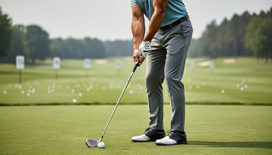 Left-handed golfer holding a club with a relaxed grip at address on a practice range