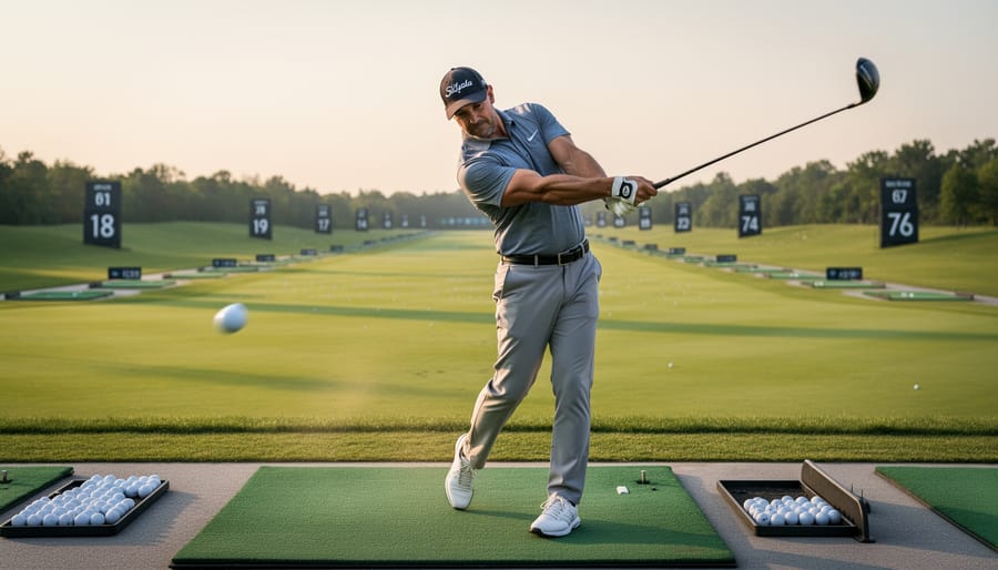 Recreational golfer following through on a driver shot at a golf practice range during golden hour