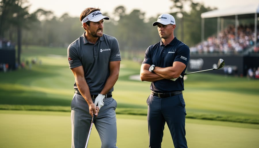Rory McIlroy and Cameron Young standing on a golf tee box with intense expressions while the tournament crowd blurs in the background.