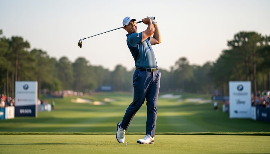 Rory McIlroy swinging a driver on a golf fairway in an action shot near the impact zone