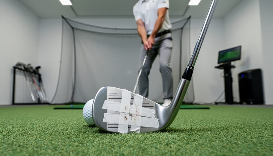 Close-up of hands applying clear face tape to a golf clubface for swing diagnostics