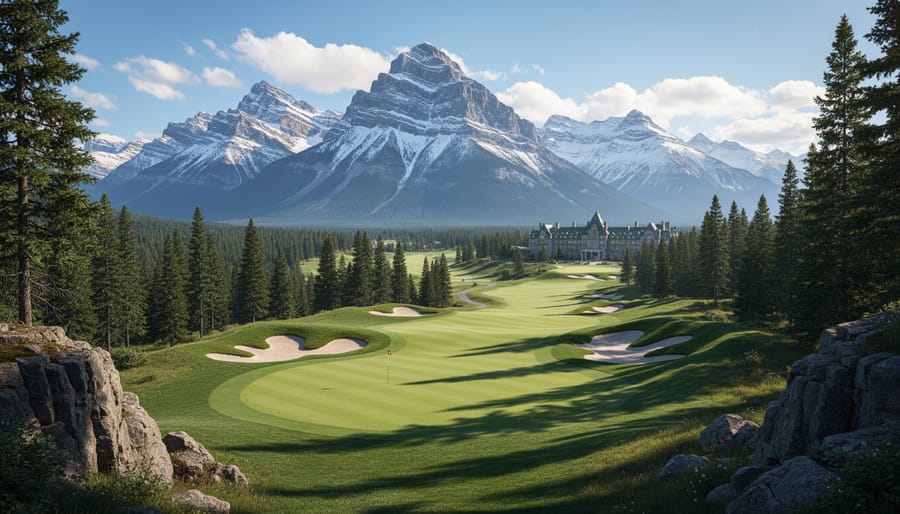 Wide alpine golf course view with fairway greens and distant mountain peaks at sunset
