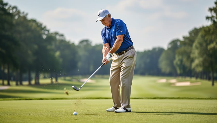 Golfer in a stable setup and transition posture with arms and shoulders captured in sharp focus