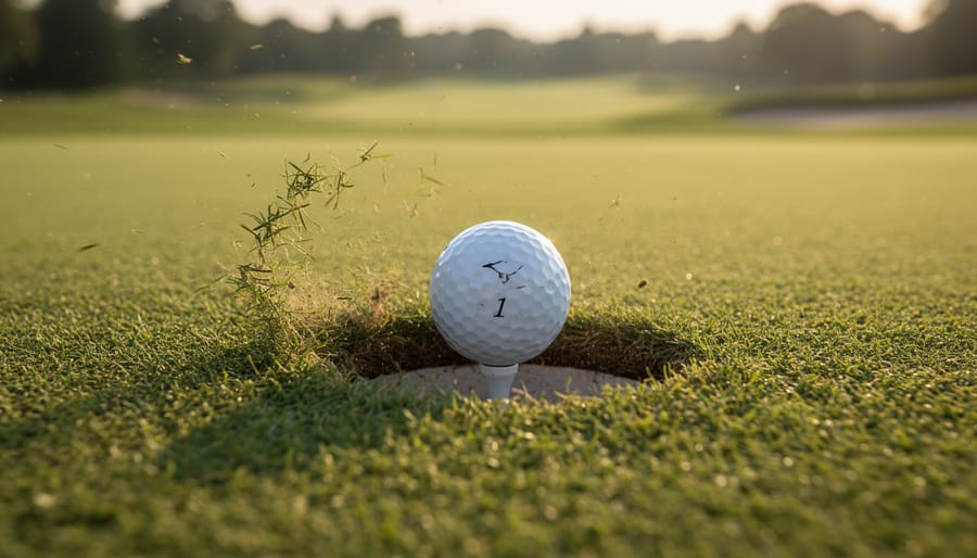 Close-up of a golf ball on turf with visible divot marks indicating impact location