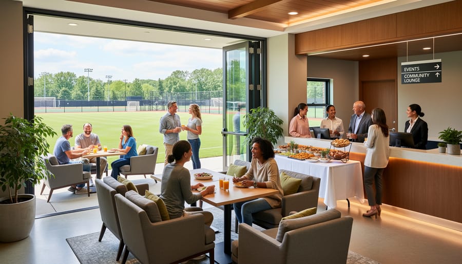 Guests socializing on a golf clubhouse patio during an event with a waving golf flag
