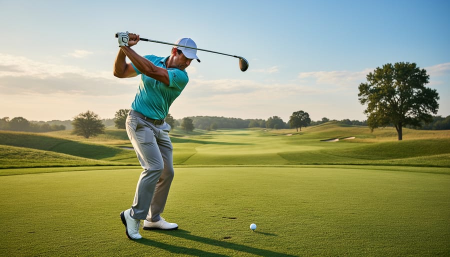 Golfer in mid-follow-through on a fairway during golden hour with long shadows and a scenic course background