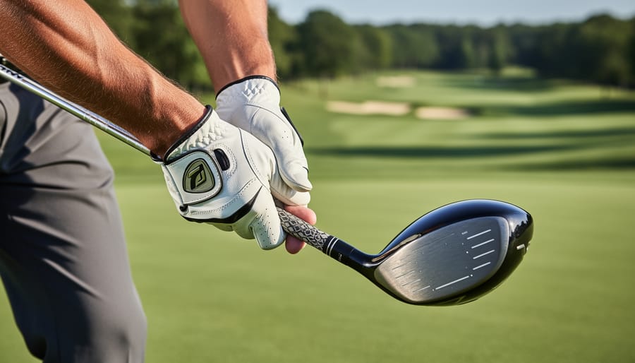 Close-up of hands holding a golf driver on a tee at a range