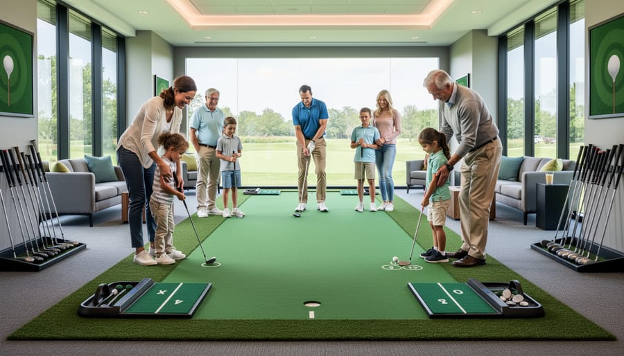 Adult and child playing golf together on a putting green with clubhouse area blurred in the background
