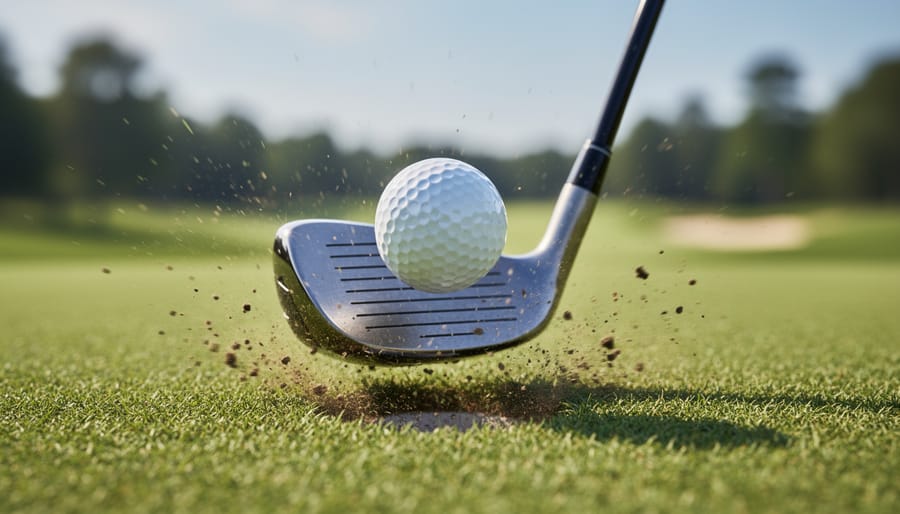 Golf ball launching from fairway in dramatic side lighting