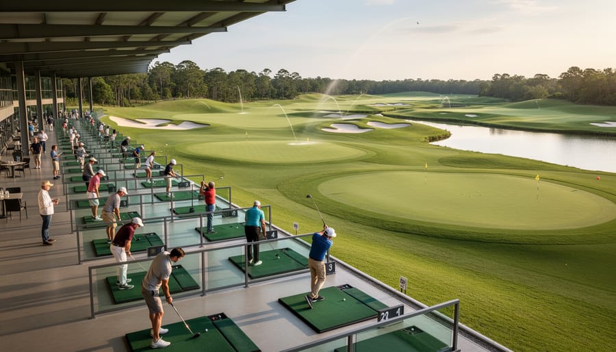 Golfers practicing swings on a manicured driving range with clubhouse and course features in the distance