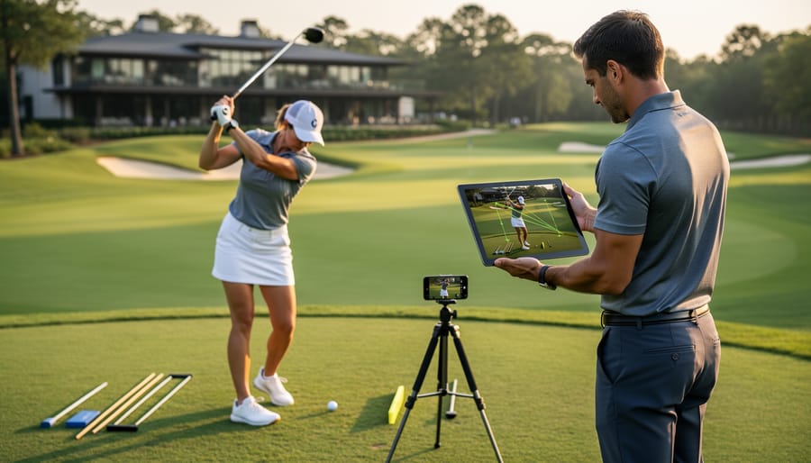 Golf coach using a tablet to analyze a student’s swing at a driving range