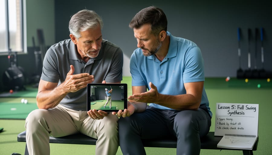 Coach and golfer reviewing practice notes and a phone swing recording near a putting green.