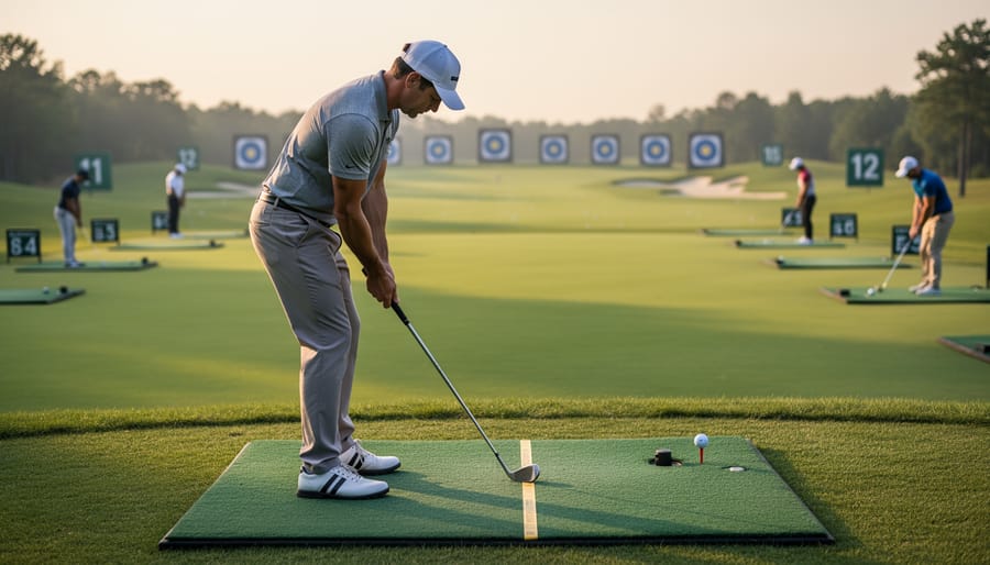Golfer standing at address on a driving range with golf club held ready to swing