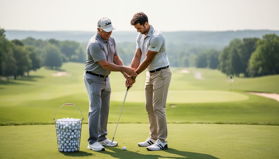 Golfer mid-swing with a golf coach nearby on a lush fairway at a practice range