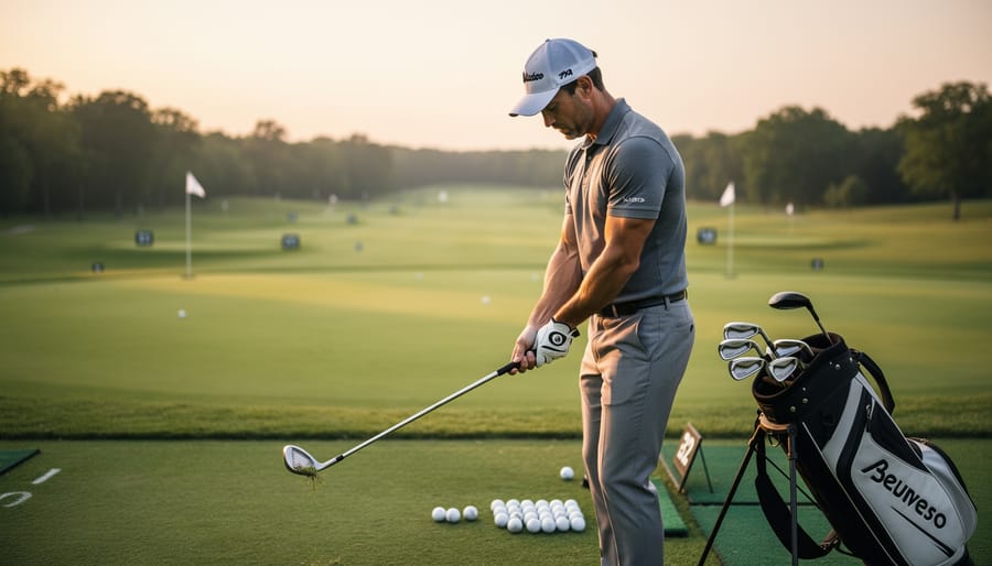 Golfer examining their club and ball position at a driving range while trying to troubleshoot a swing issue