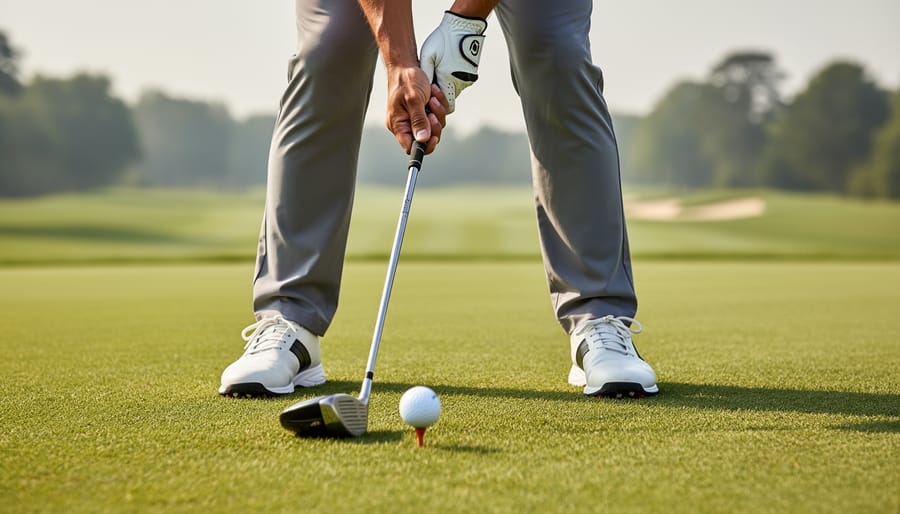 Golfer addressing the ball with a correct grip on a manicured fairway.