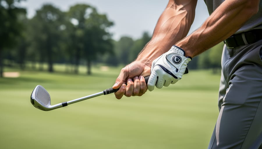 Golfer’s hands and club shaft at address and early backswing during the start of wrist hinge