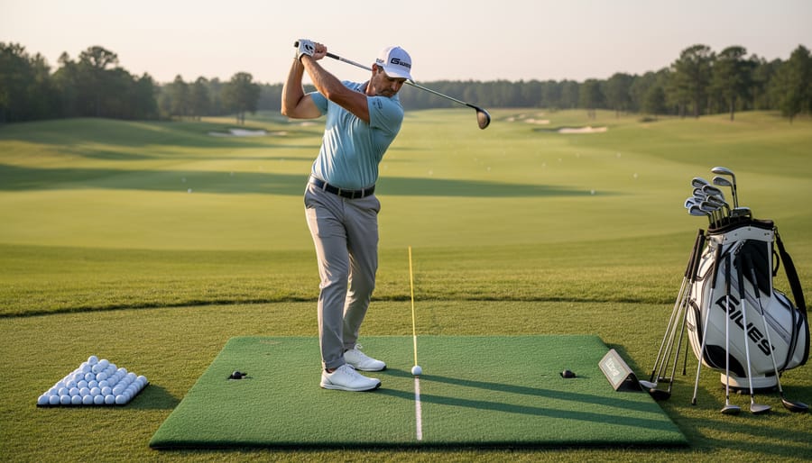 Right-handed golfer practicing a mid-swing shot at a driving range with the clubhead near the ball