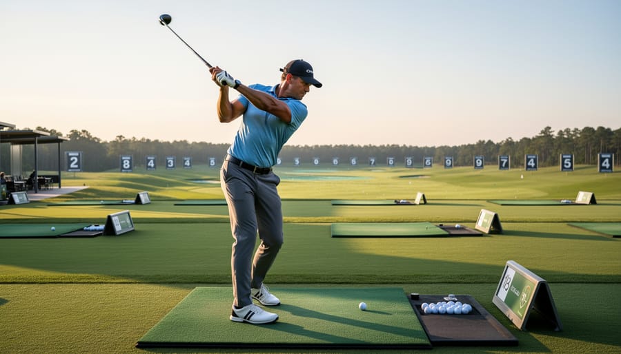 Right-handed golfer mid-swing on a practice range with hands and club in sharp focus