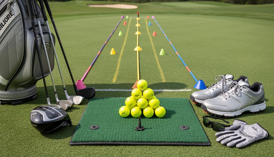 Golf club and practice essentials with running shoes arranged on a grass mat