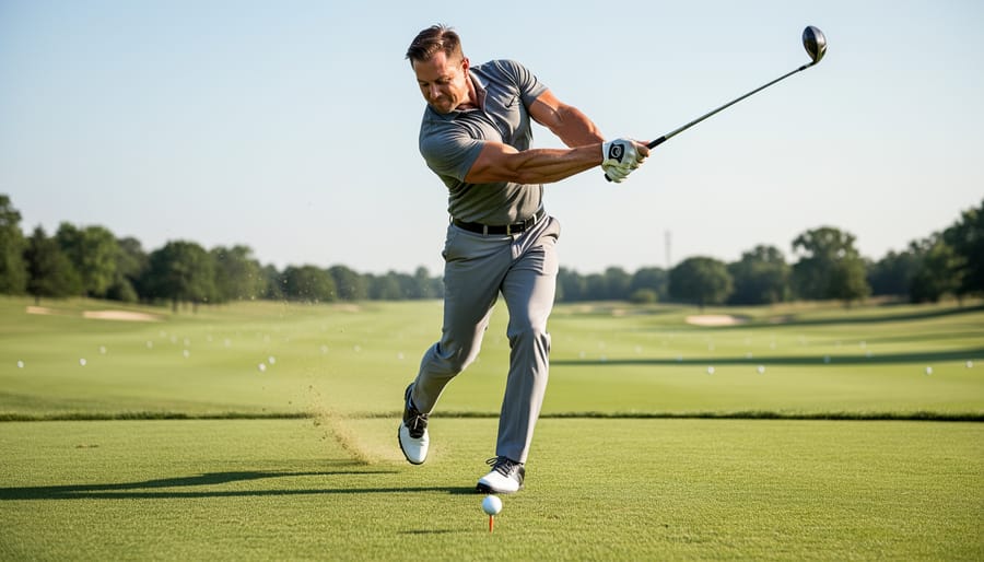 Golfer practicing a running-start swing on a driving range with lead foot planted forward