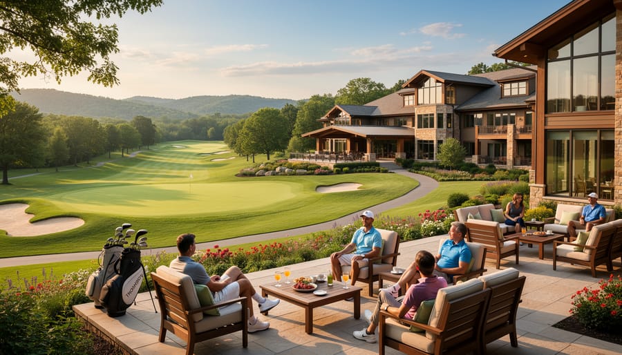 Historic golf clubhouse and practice area with scenic course surroundings under overcast daylight