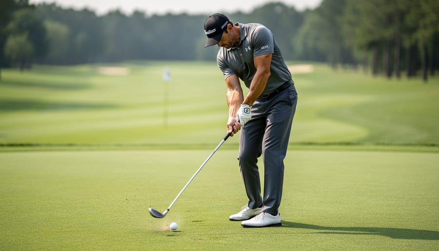 Golfer hitting an iron shot with visible follow-through illustrating rehinge through impact