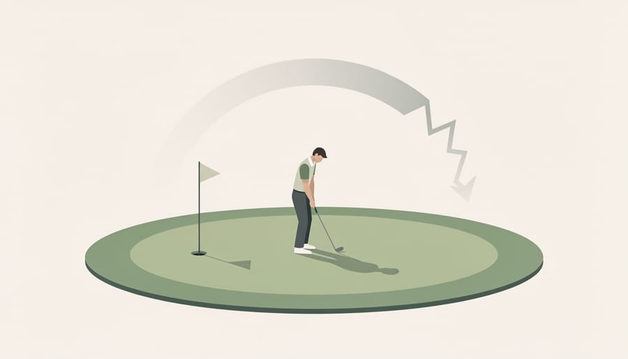 Golfer pausing near a putting green at dusk with a contemplative expression, club in hand