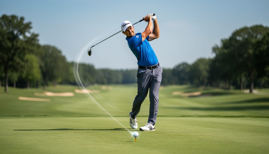 Golfer mid-swing at a driving range, captured low-angle with focus on the club and impact position.