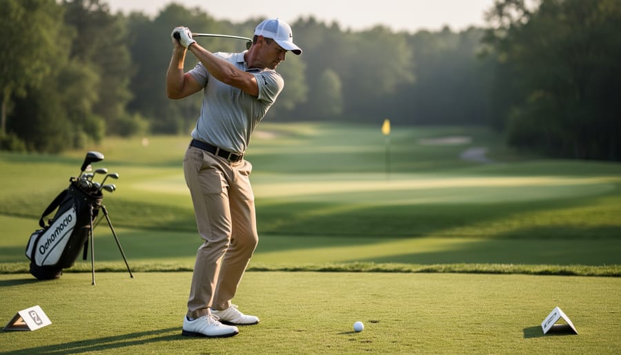 Golfer watching the approach toward a par-3 green from the fairway under soft daylight