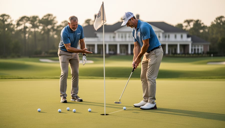 Golf instructor guiding a student’s putting practice on a green