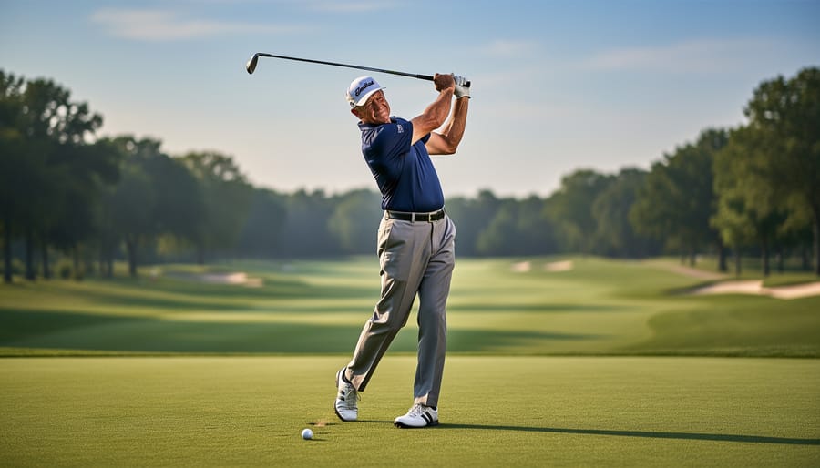 Golfer finishing a balanced follow-through swing on a well-manicured golf fairway