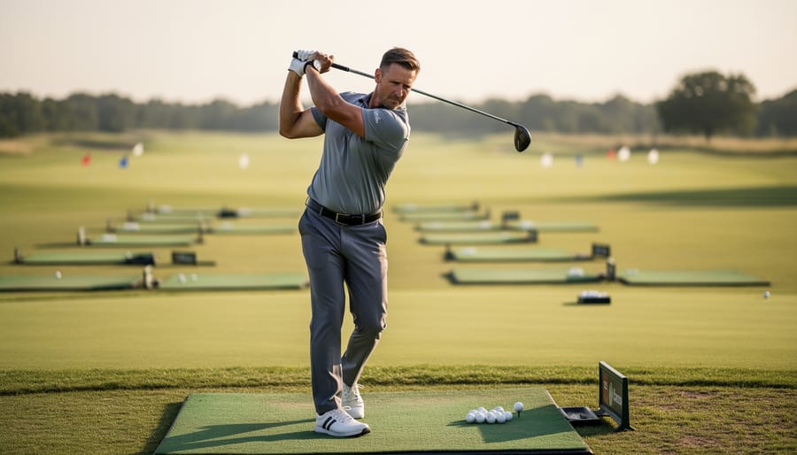 Senior golfer practicing a compact, controlled backswing on a driving range.