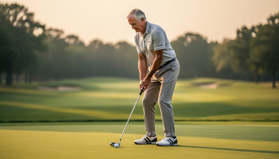 Senior golfer addressing the ball with a relaxed, stable stance on a golf course.