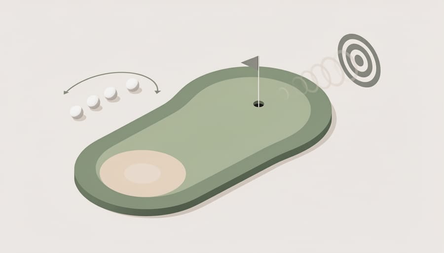 Senior golfer preparing for short-game practice near a putting green with ball on smooth turf.