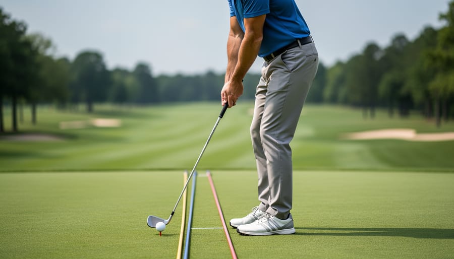 Golfer positioned at address with the club resting behind the ball on a manicured fairway